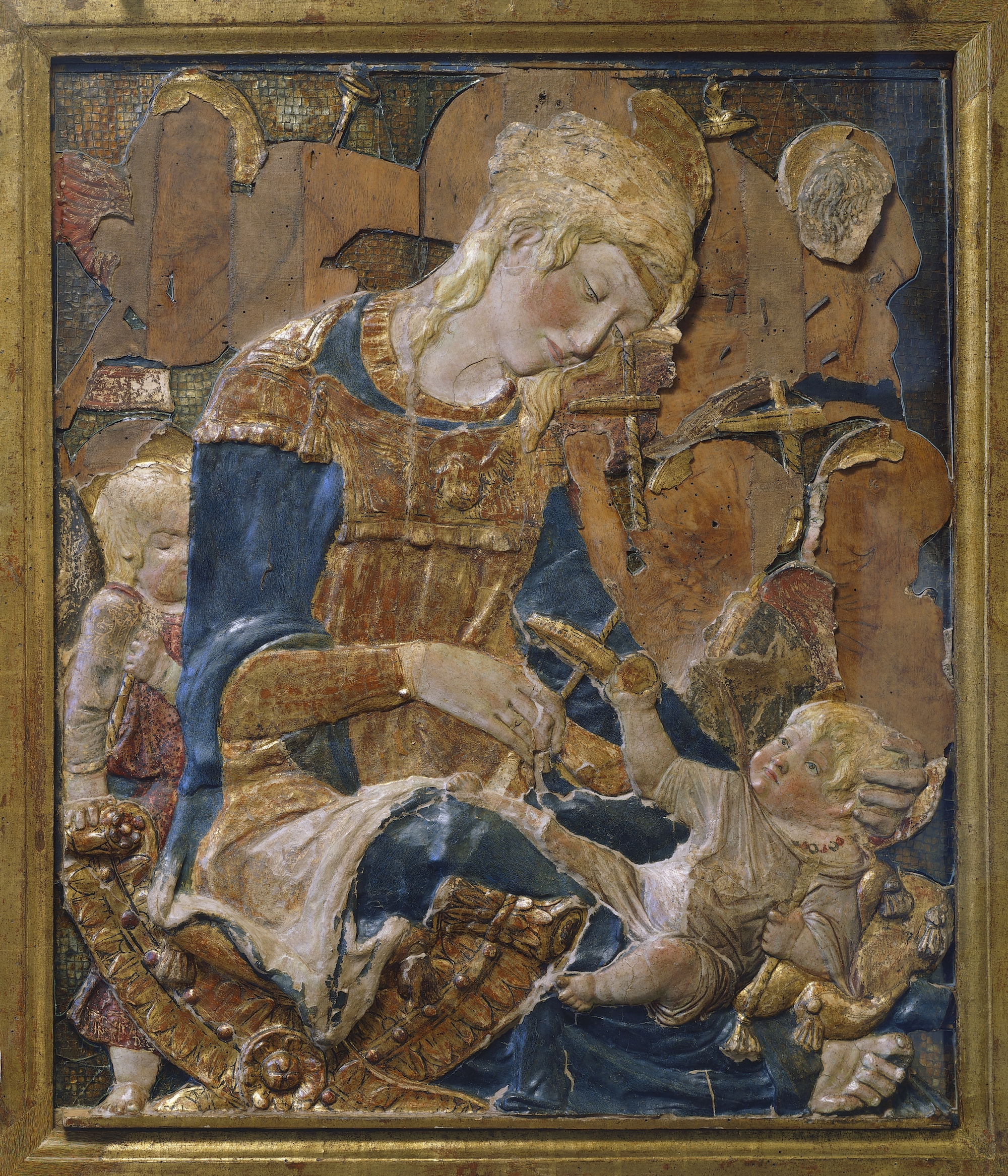 Donatello (born Donato di NiccolÃ² di Betto Bardi), c.1386 â€“ 1466, â€œMary with Child and Angelsâ€, so-called â€œMadonna dei Cordaiâ€ (Madonna of the Rope Makes), c. 1433/35. Museo Bardini, Florence, Italy