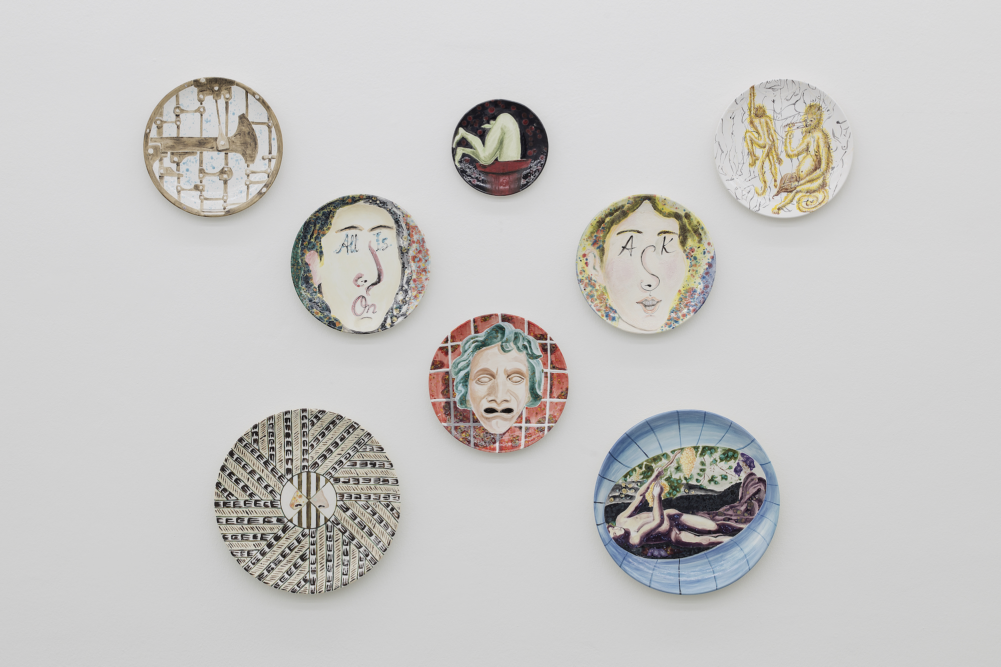 Installation view of Allison Katz's plates in Period, a solo show at Gió Marconi, 2018 
