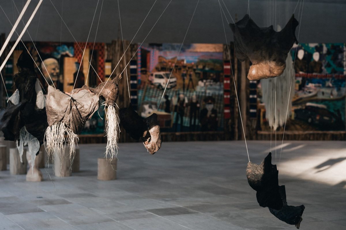 Installation shot of Máret Ánne Sara's work Gutted - Gávogálši at the Sámi pavilion in Venice, 2022