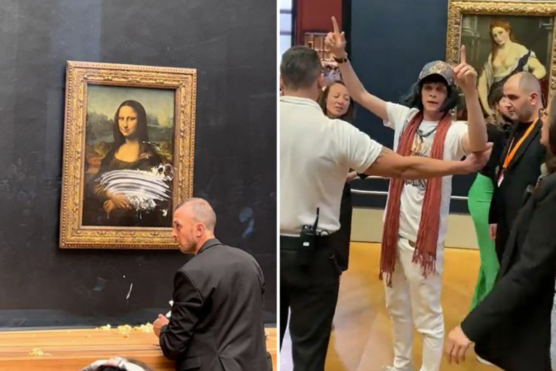 Left: The Mona Lisa smeared with cake. Right: The protestor is apprehended 