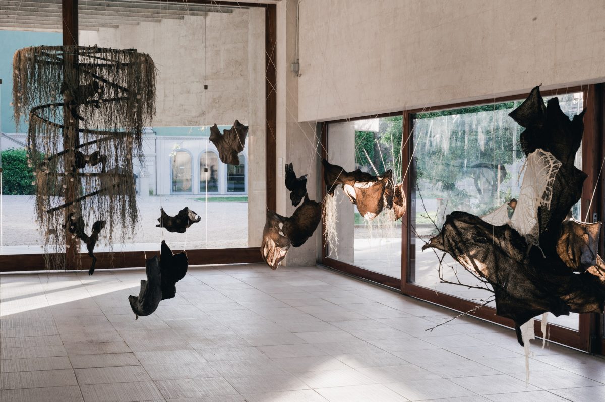 Installation shot of Máret Ánne Sara's work Gutted - Gávogálši at the Sámi pavilion in Venice, 2022
