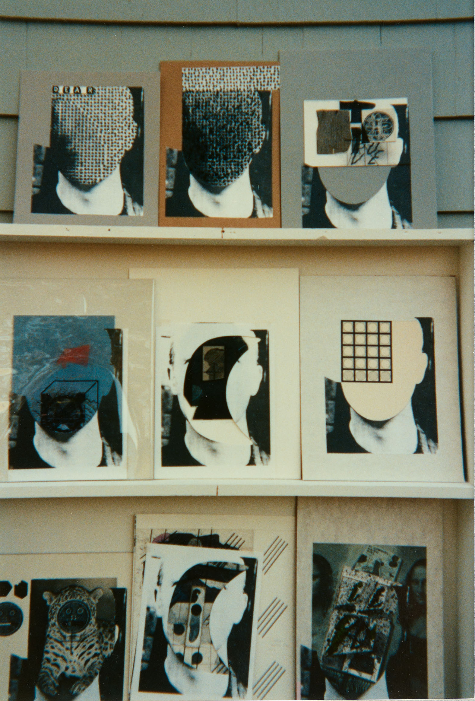 Headshot collage elements on shelves, autumn 1992