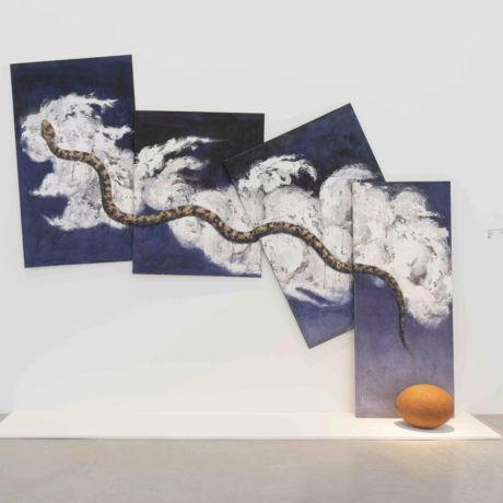 7. Gavin Jantjes Untitled 1989 Acrylic on four canvases and ceramic egg 300 x 304 x 56 cm Photo. Ann Purkis Image courtesy the artist © Gavin Jantes, licensed by DACS