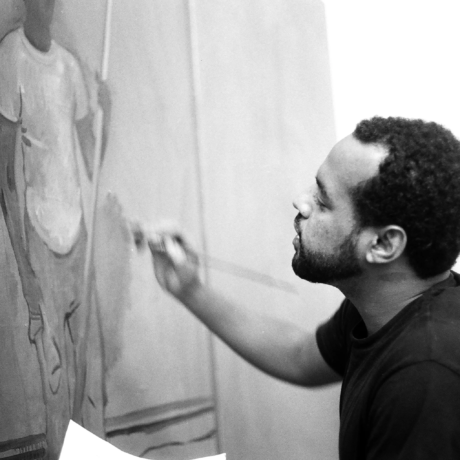 Noah Davis at work, Los Angeles, 2009, Photo by Patrick O'Brien-Smith